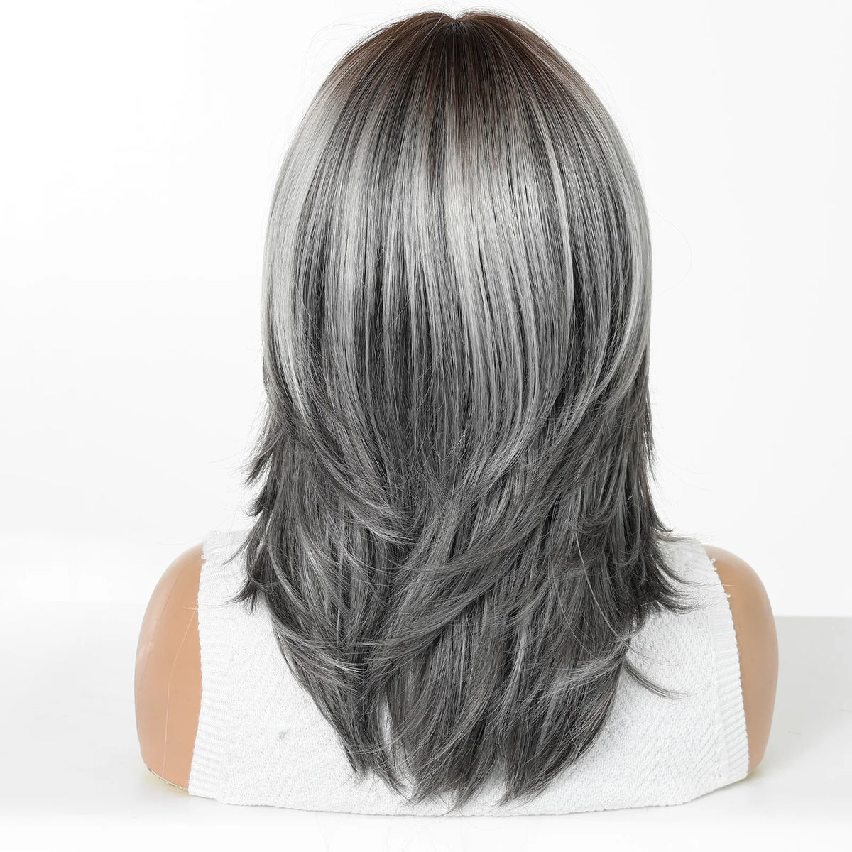 TopShe 18 inch Grey Wave Synthetic Wig Curly for Woman Shoulder Length Heat-Resistant Silver-Grey Hall Wig Layered Medium Length Shaggy Hair Wig Display Costume Party Daily Wear Natural Ash Grey Salt and Pepper Hairpiece Feat