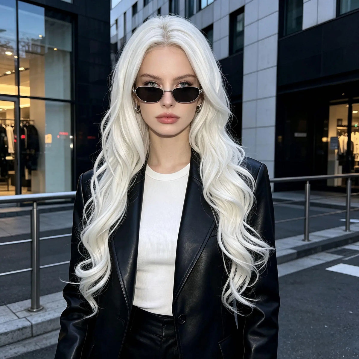 Pure White Premium Synthetic Fiber Long Curly Wig Big Waves Fluffy Voluminous Spiral Curls Middle Part with Bangs Heat Resistant Adjustable Cap for Women Girls Cosplay Party Halloween Costume Role Play Stage Show Photo Shoot
