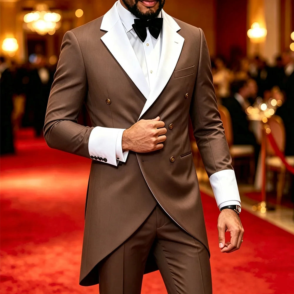 Men Tailcoat Suit 2 Pieces Double Breasted Brown Tuxedo White Contrast Lapel Cuff Groom Wedding Formal Evening Party Jacket Pants
