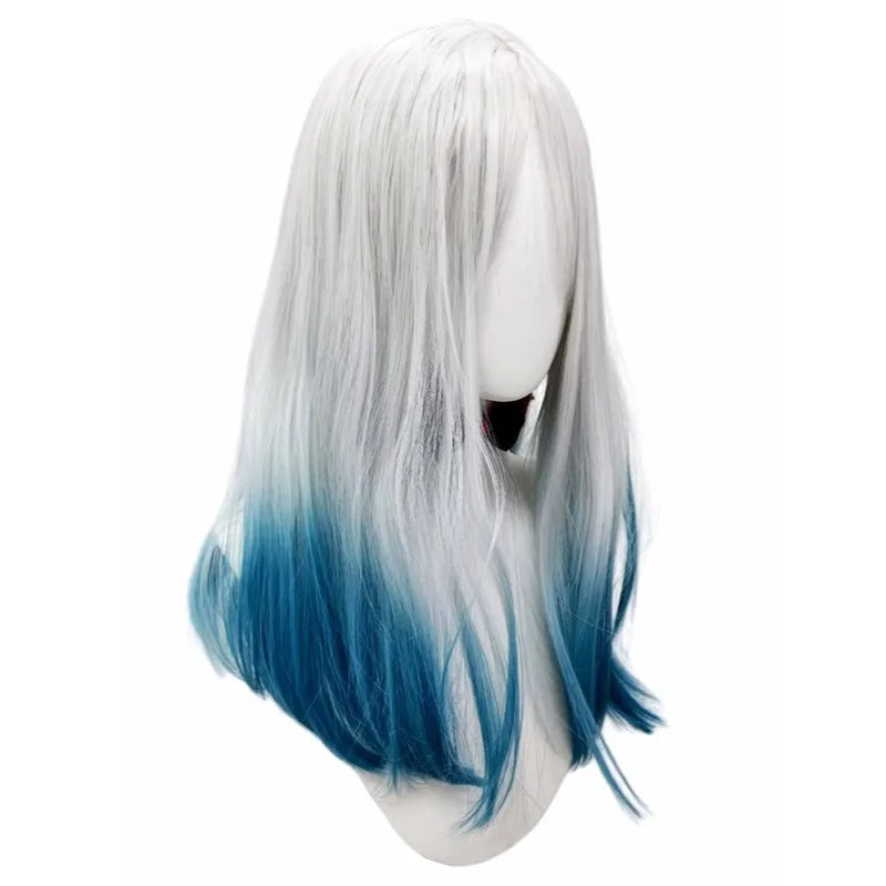 Silver White Blue Gradient Premium Synthetic Fiber Long Straight Wig Ombre Highlights Middle Part Bangs Layered Inner Curl Tips Heat Resistant Adjustable Cap for Women Girls Anime Cosplay Party Halloween Costume Role Play Sta