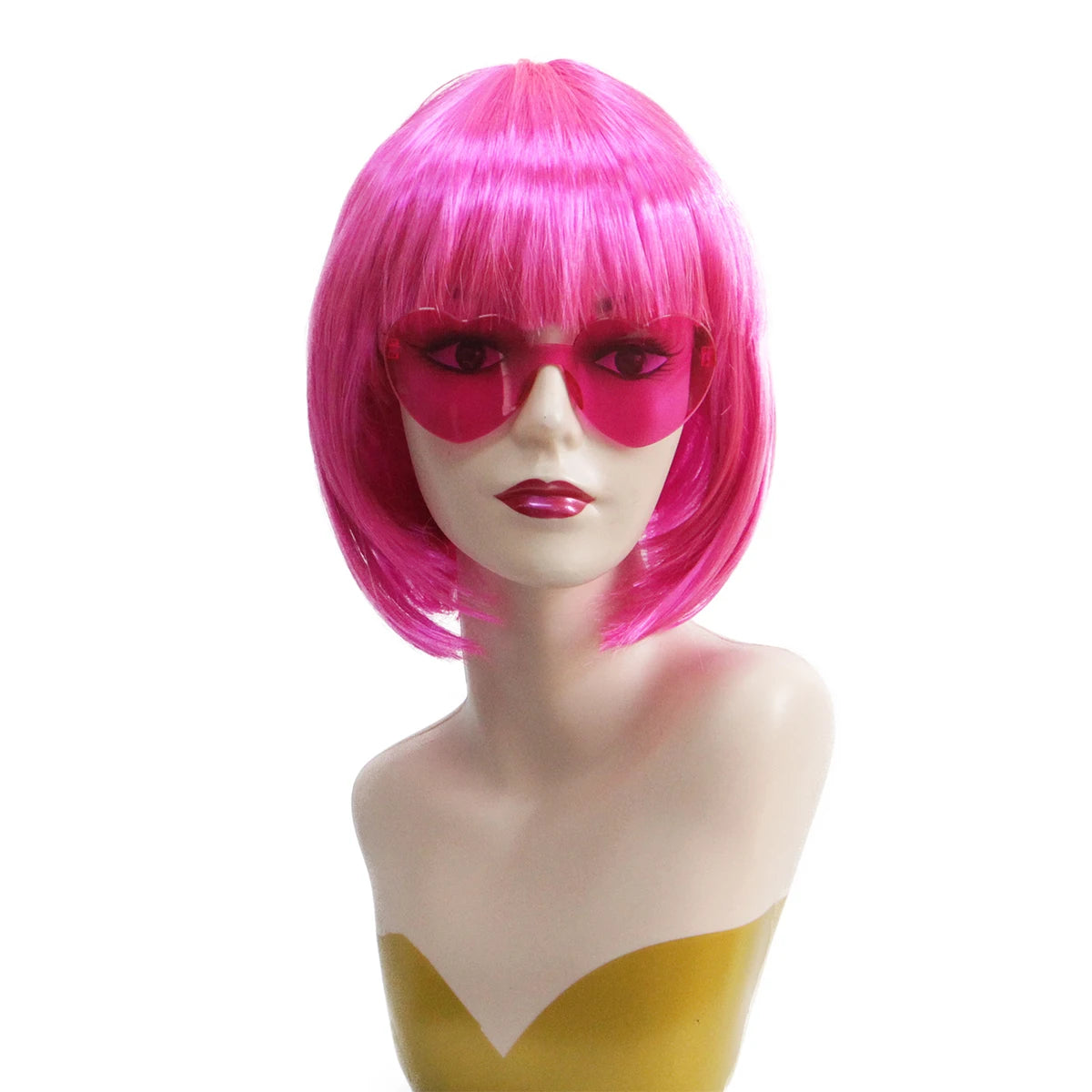 Hot Pink Bob Wig Synthetic Short Straight Bangs Heart Sunglasses Wig Cap Set Halloween Cosplay Costume Party Disco Bachelorette