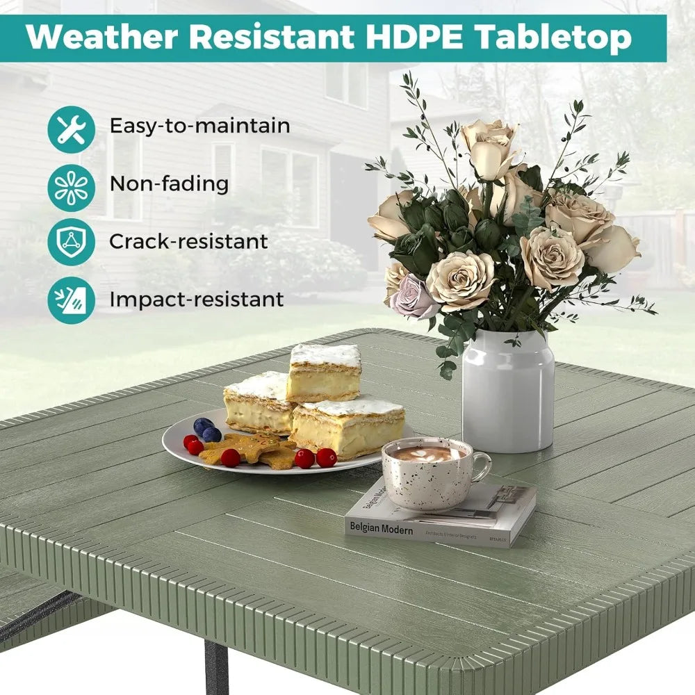 Picnic Table Bench Set for 4-8 People, 34" Outdoor Square Dining Table & 2 Benches W/Umbrella Hole, Customized