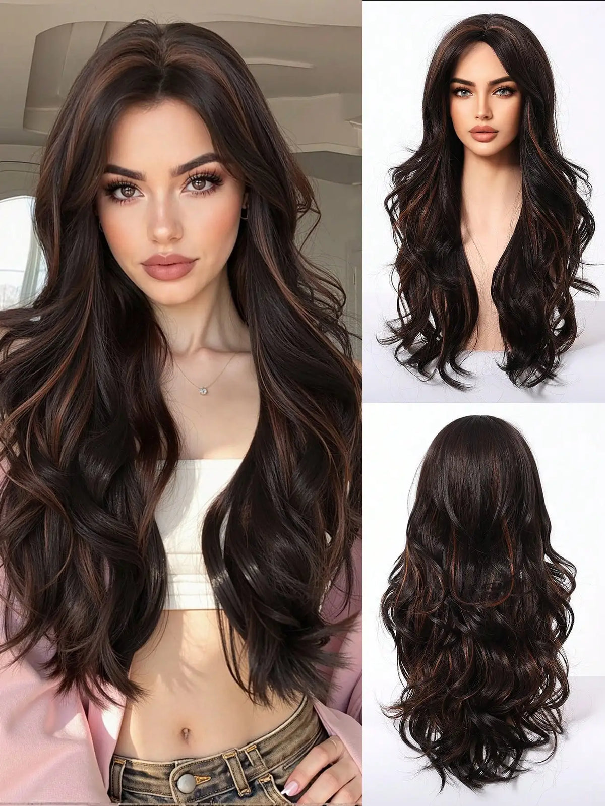 TopShe  28 Inch Long Wave Wig with Bangs for Woman Brown Synthetic Wig with Blonde Highlights Heat Resistant Loose Wave Daily Wear Natural Looking Ash Brown Layered Hair Soft Silky Natural Bio-Scalp Wigs