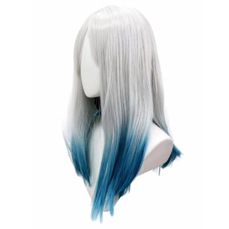 Silver White Blue Gradient Premium Synthetic Fiber Long Straight Wig Ombre Highlights Middle Part Bangs Layered Inner Curl Tips Heat Resistant Adjustable Cap for Women Girls Anime Cosplay Party Halloween Costume Role Play Sta