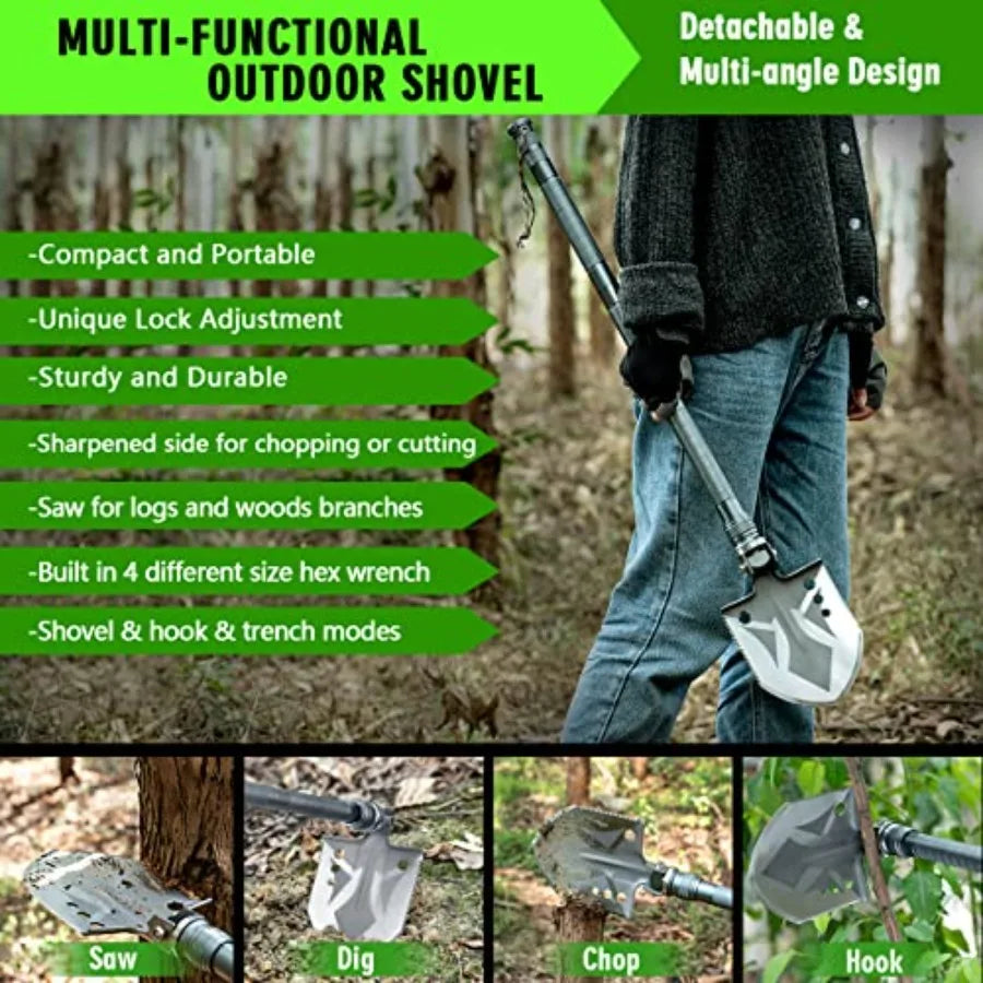 Multifunctional Folding Tactical Shovel Hatchet Combo with Axe Flashlight and Extension Handles in Black for Camping Cycling Hiking