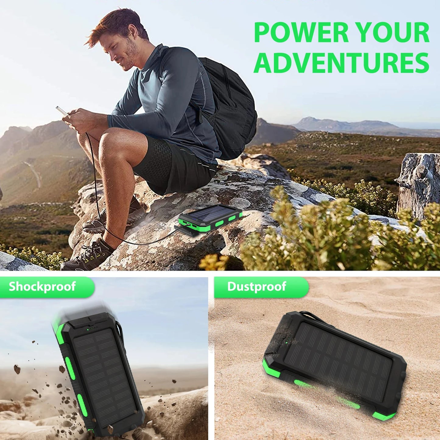 30000mAh Portable Solar Power Bank External Battery Waterproof Dual 5V 1A USB Ports LED Flashlight for iPhone Samsung Tablets
