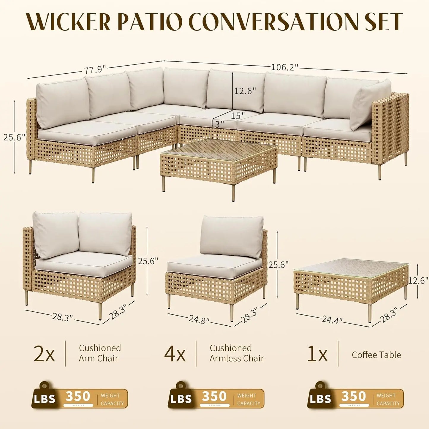 7 Piece Wicker Outdoor Sectional Sofa Set with Coffee Table All Weather Cushions Backyard Porch Large Hand Knitting, Customized