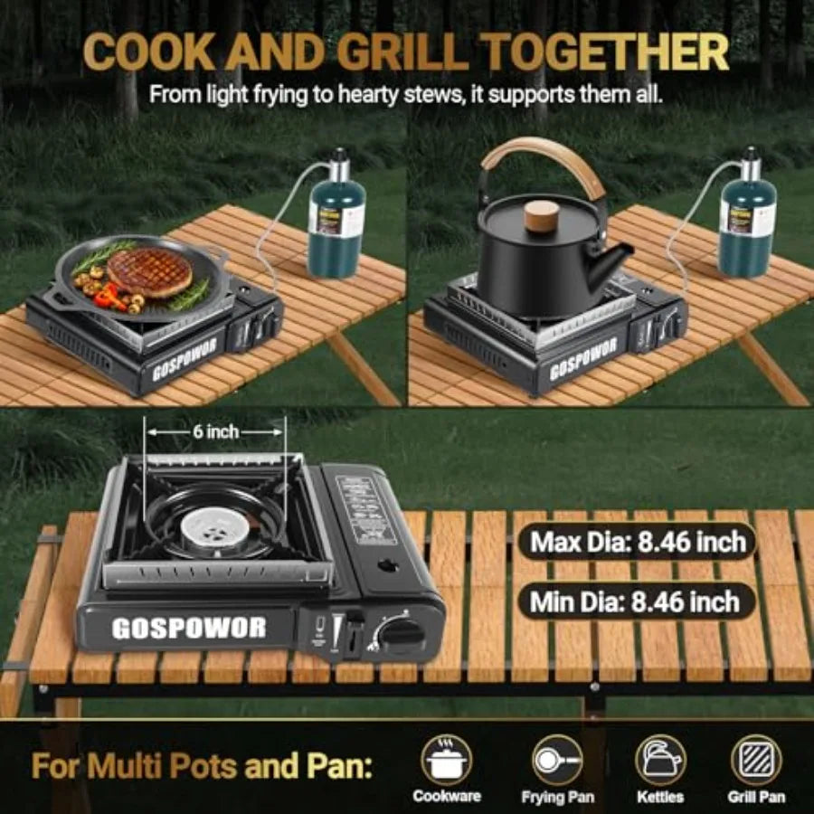 Propane or Butane Stove with Windblocker, Dual Fuel 10, 000 BTU Portable Gas stove for Camping, Automatic Ignition Gas Stove wi