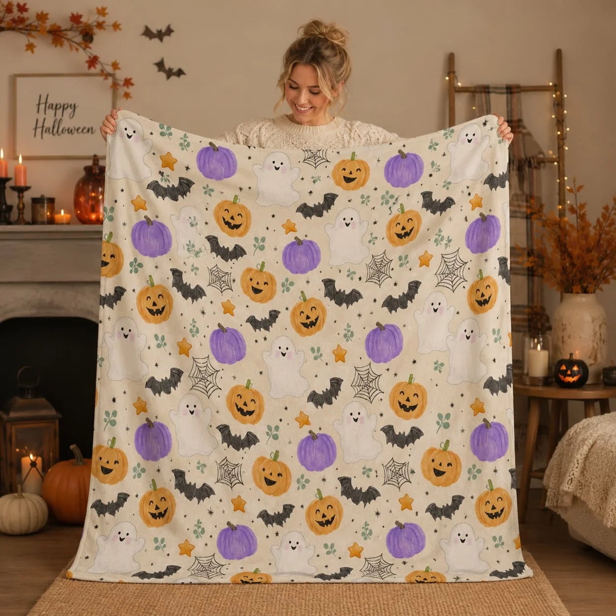 Halloween Ghost Pumpkin Bat Doodle Fleece Blanket, Cute Spooky Autumn Throw, Cozy Fall Purple Orange Black Blanket, Seasonal Home Décor