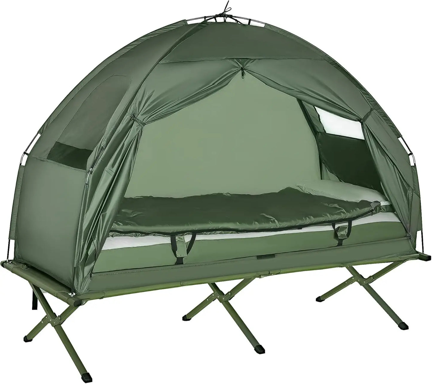 6-in-1 Folding Camp Tent Cot with Mattress, Pillow, Sleeping Bag, Bed Cover, Roller Bag - Off Ground Travel Cot for Hiking, Backpacking, Picnic