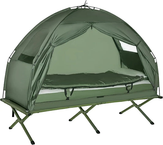 6-in-1 Folding Camp Tent Cot with Mattress, Pillow, Sleeping Bag, Bed Cover, Roller Bag - Off Ground Travel Cot for Hiking, Backpacking, Picnic