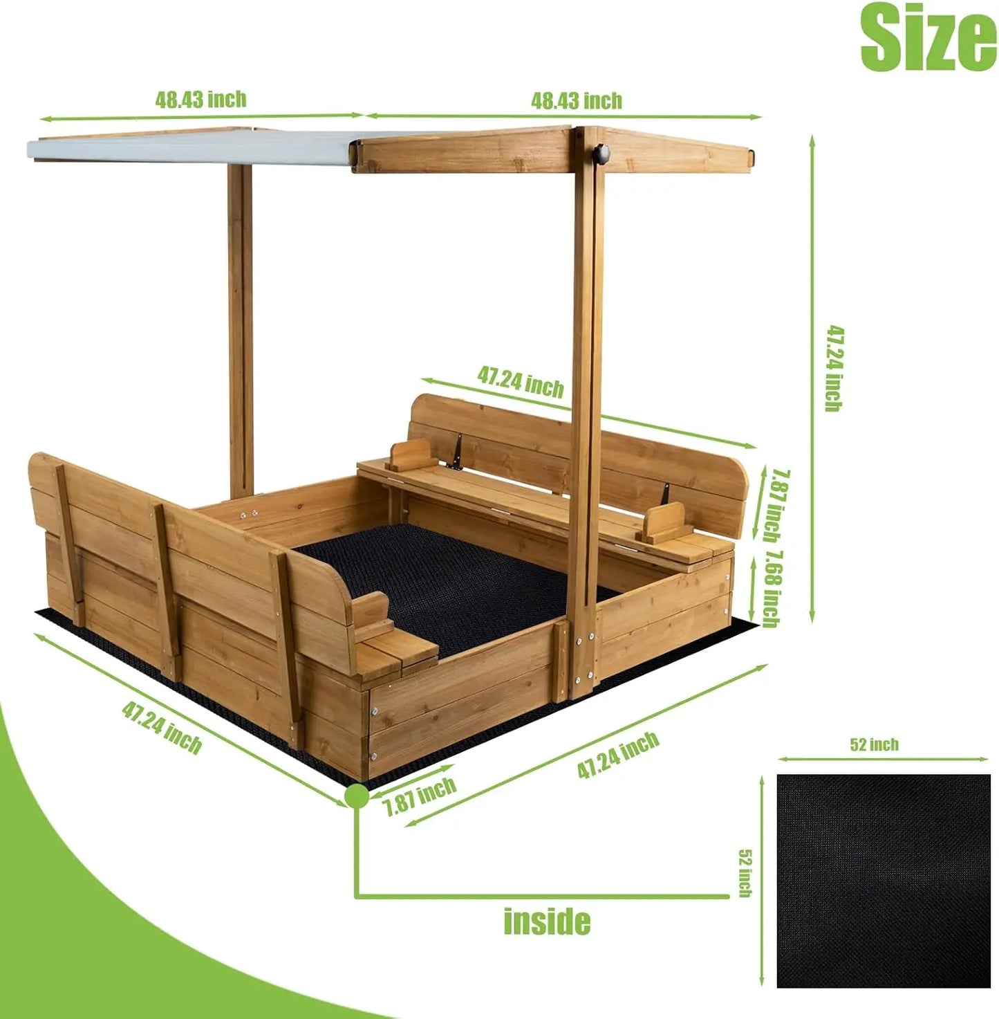 Wooden Sandbox with Lid, Kids Sandbox with Canopy Outdoor, Sandboxes with Covers Foldable Bench Seats for Backyard, UV-Resistant