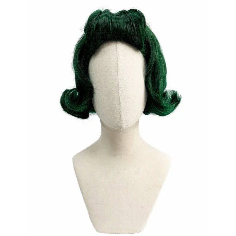 Dark Green Premium Synthetic Fiber Short Curly Wig with Bangs Cat Ears Top Bun Updo Fluffy Voluminous Retro Vintage Waves Inner Outer Curls Heat Resistant Adjustable Cap for  Cosplay Party Halloween Costume Role Play Stage Sh