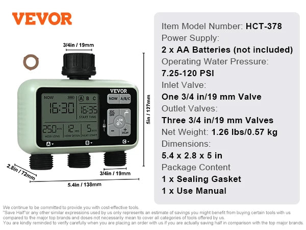 Water Timer 3 Outlets Hose 3 Independent Watering Zone LCD Display Rain Delay Mode Manual Mode Watering Sprinkler Timer