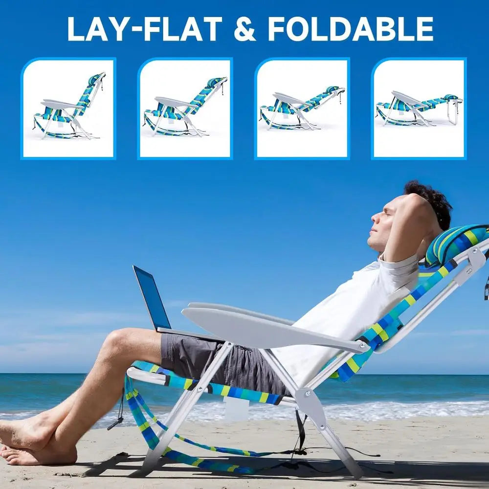 Portable 4PC Adult Beach Chairs with 5-Position Backpack Camping Chairs and Striped Pattern
