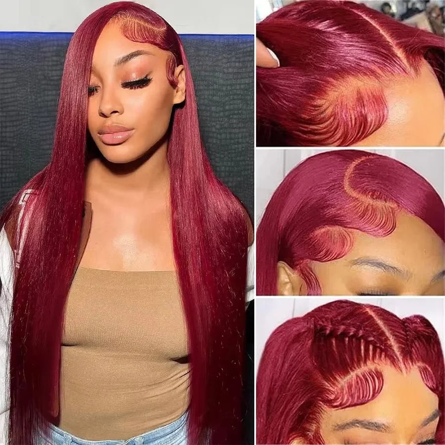 38inch 13x6 HD Lace Front Wig 99J Red Burgundy Colored Human Hair Wigs Straight Human Hair Wigs Transparent Lace Frontal Wigs