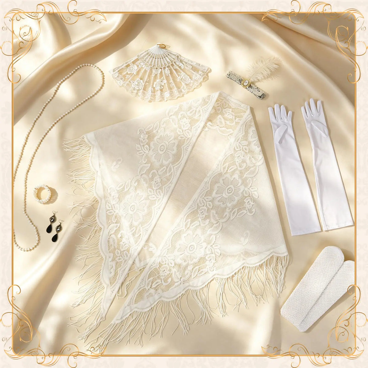 8PCS Flapper Accessories Set for Women, Roaring 20's Costume Set 1920s Flapper Kit Shawl Headband Gloves, Lace Stretch Fabric, Retro 20s Theme Accessories for Halloween Party Cosplay