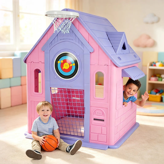 Kids Outdoor Playhouse 5-in-1 With Basketball Hoop, Soccer Goal, Ring Toss & Target Game, Indoor Outdoor Cottage Toy Ages 2-8