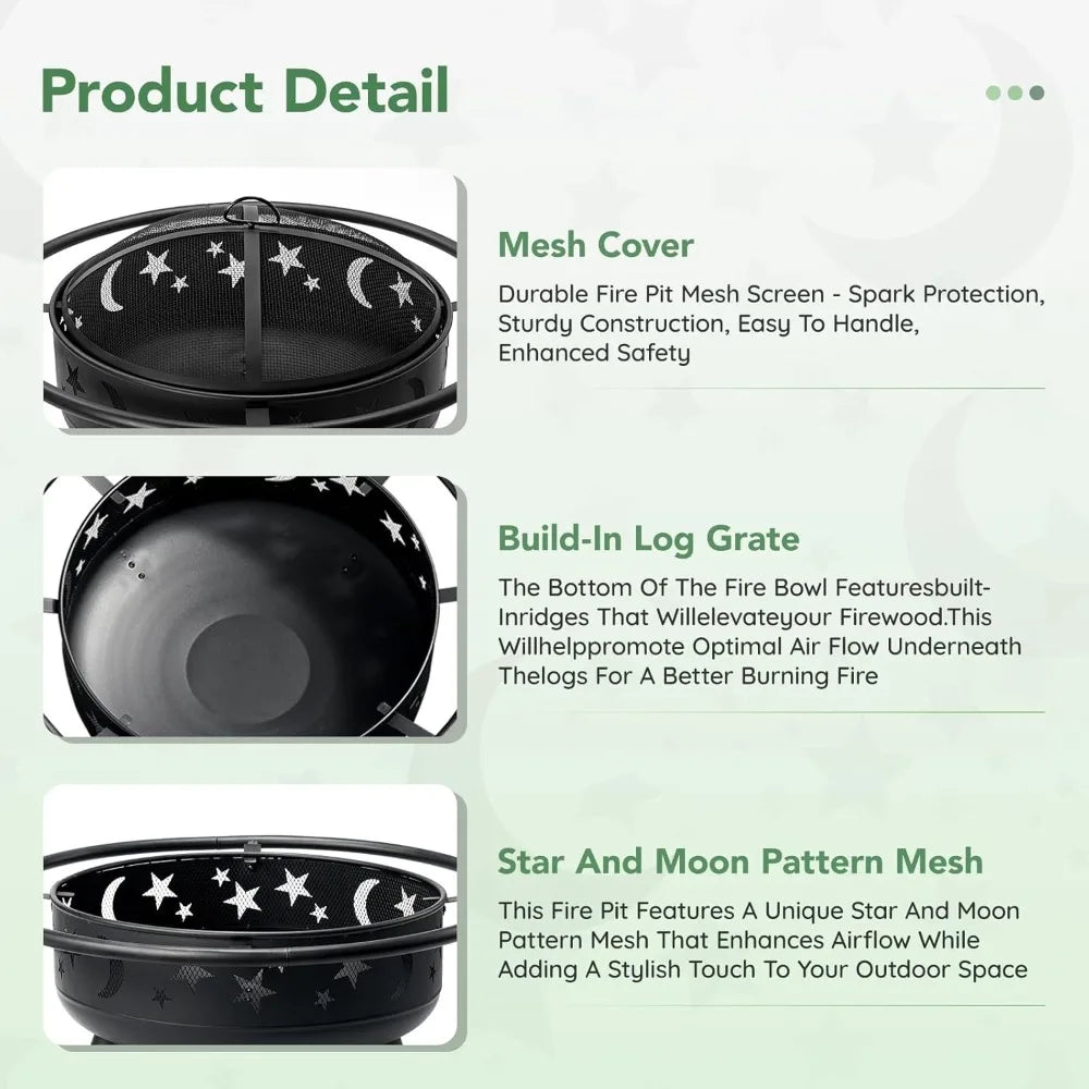 32 Inch Round Fire Pit with Mesh Cover, Fire Poker, Star and Moon Design, Metal Wood Burning Outdoor Firepit for Patio