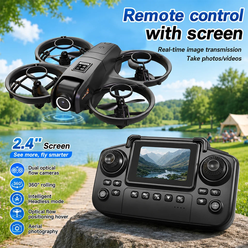 ZNLYRION YL3PK Mini Full Protective Drone With 2.4 Inch Screen Remote Dual Camera Optical Flow Hover 2 Batteries Indoor RC Quadcopter
