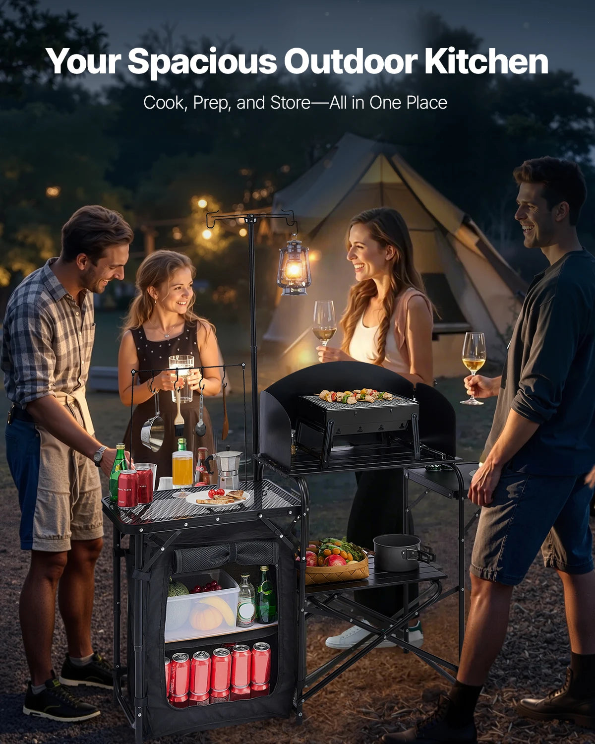 SucceBuy Camping Kitchen Table Folding Camp Cook Station Aluminum Portable Cook Station with Cupboard, Carrying Bag Windscreen