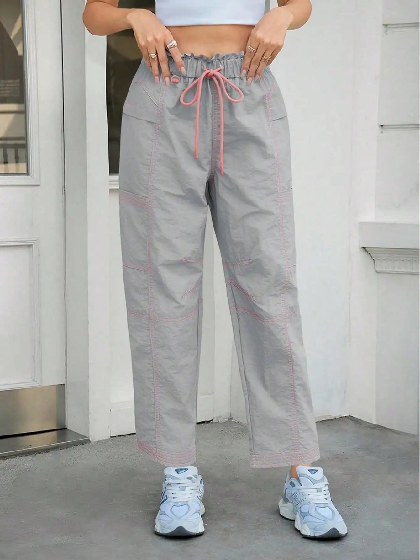 Women's Baggy Cargo Joggers With Pockets - Elastic Waist Lounge Pants  Loose Fit Casual Streetwear Sweatpants Hiking Track Pants