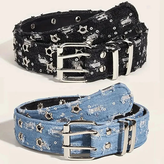 Y2K Star Hollow‑Out Pin Buckle Belt, Blue Denim Punk Hip‑Hop Waistband, Fashion Accessories for Men & Women