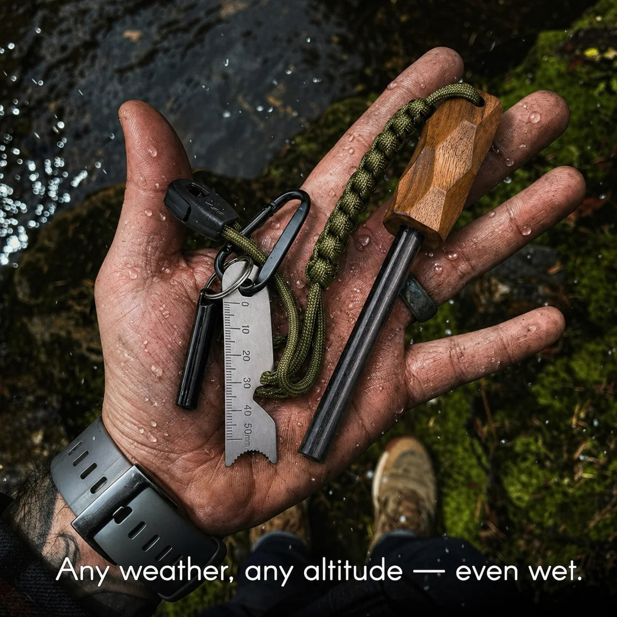 4-piece set, wooden handle magnesium ignition stick, multifunctional scraper, hanging rope whistle, climbing buckle, waterproof and durable, emergency ignition, suitable for outdoor camping, hiking, wilderness survival, magne