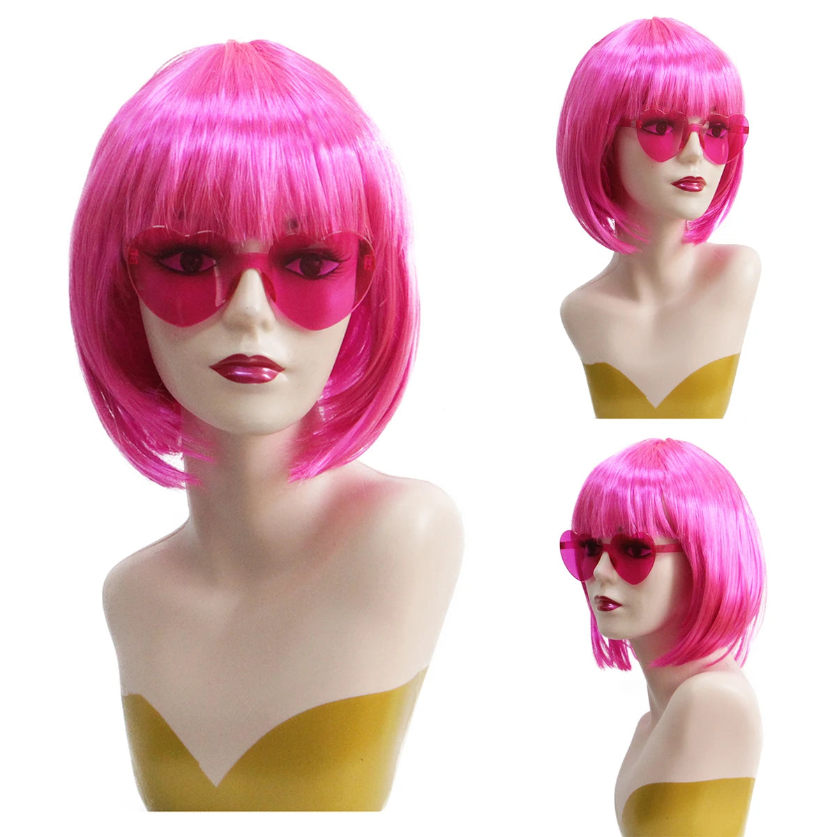 Hot Pink Bob Wig Synthetic Short Straight Bangs Heart Sunglasses Wig Cap Set Halloween Cosplay Costume Party Disco Bachelorette