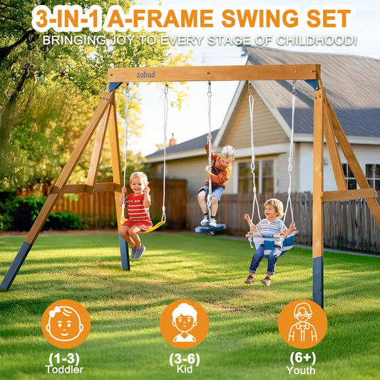 Robotime Robud 3-in-1 Playground Wooden Swing Sets for Backyard DIY Swing Sets with Tree Swing and 2 Toddler Swings for Ages 3+