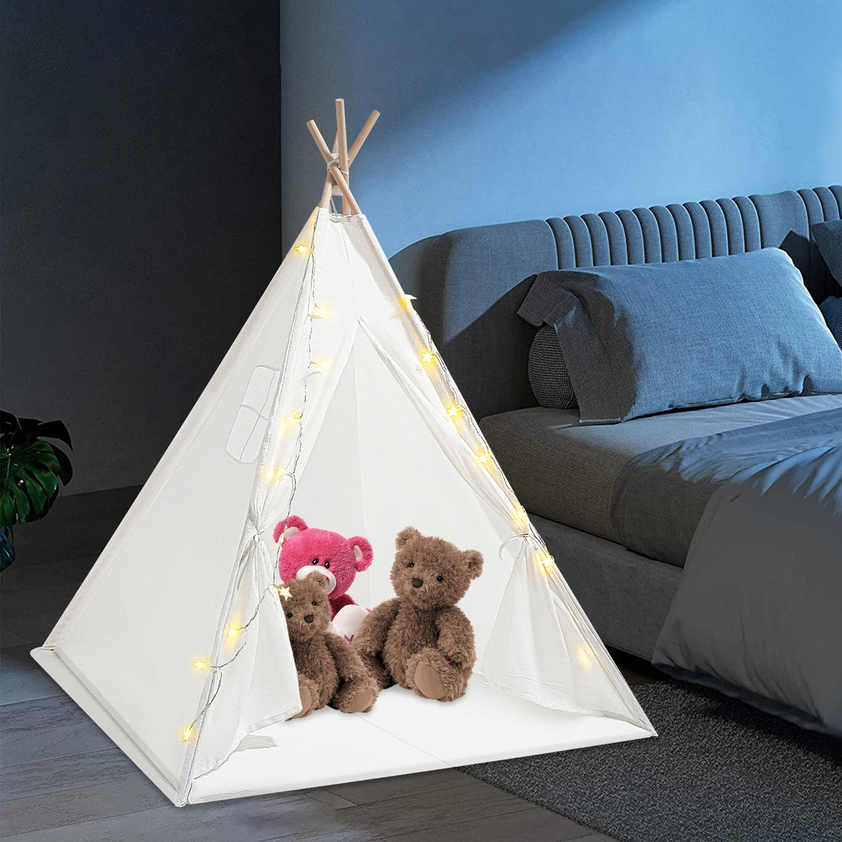 Kids Teepee Play Tent Set, 120120140cm White Cotton Linen 160cm Wood Poles Star Light Mat Assembly Accessories, Foldable Window Curtain Washable Tear-proof Cloth Stable Frame, Bedroom Reading Nook Birthday Indoor Picnic Decor