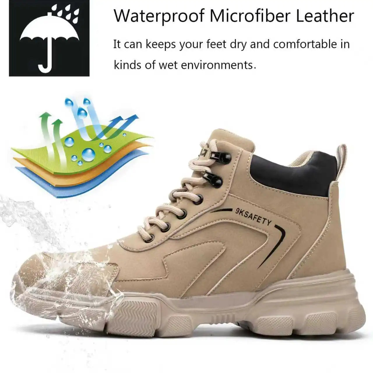 Men's & Women's Brown High-top PU Water Repellent Lightweight Anti-smash Anti-puncture Comfortable Wear Resistant Industrial Construction Work Safety Boots