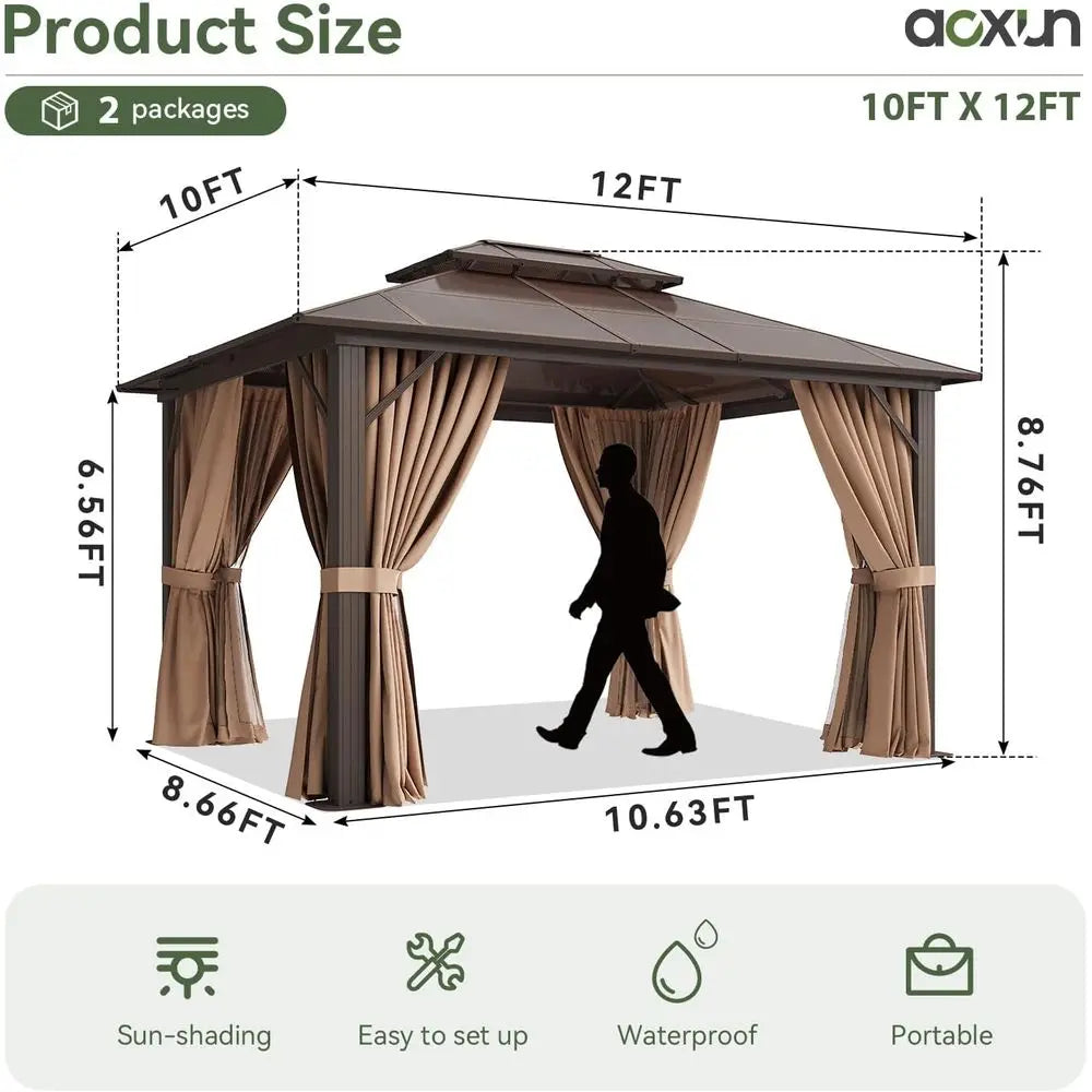 10x12 ft. Outdoor Poly Pavilion with Curtains & Netting, Ideal for Gardens and Patios, Brown