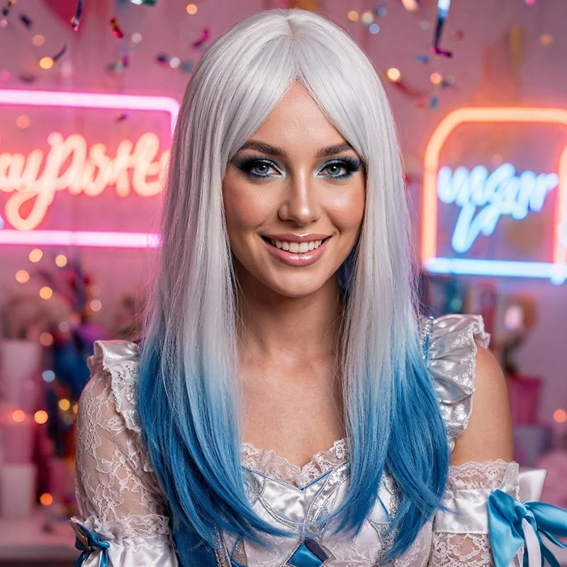 Silver White Blue Gradient Premium Synthetic Fiber Long Straight Wig Ombre Highlights Middle Part Bangs Layered Inner Curl Tips Heat Resistant Adjustable Cap for Women Girls Anime Cosplay Party Halloween Costume Role Play Sta