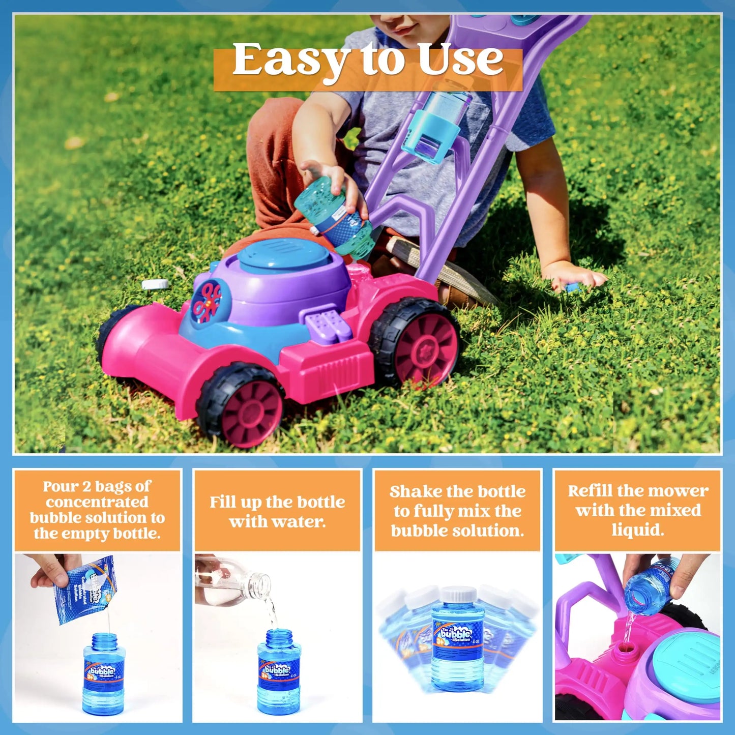 JOYFY Bubble Lawn Mower Bubble Machine Summer Outdoor Toys Pink Bubble Blower for Kids 3-6 Birthday Gifts