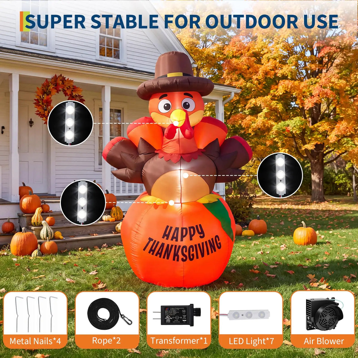 6ft Thanksgiving Pumpkin Turkey Inflatable Yard Decor With 7 Led Lights, Blower, Stakes & Ropes For Lawn Porch Garden Party Home