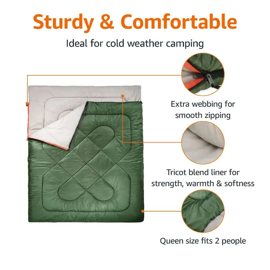 40F Cold Weather TwoPerson Sleeping Bag for Outdoor Camping, Queen Size XL, 87 x 59, Olive Green