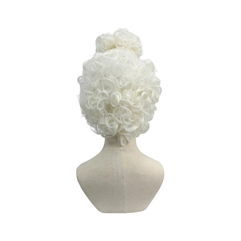 Pure White Premium Synthetic Fiber Rococo Baroque Wig Tight Curls Ringlets Fluffy Voluminous Updo with Top Bun Heat Resistant Adjustable Cap for Women Cosplay Party Halloween Costume Role Play Stage Show Photo Shoot