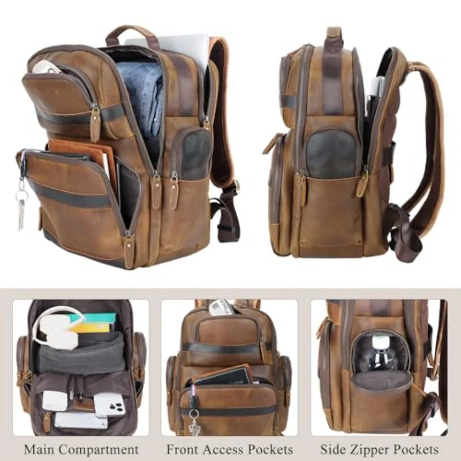 Vintage Leather Backpack 15.6 Laptop Bag Large Capacity Business Travel Hiking Shoulder Daypacks Brown Premium Material