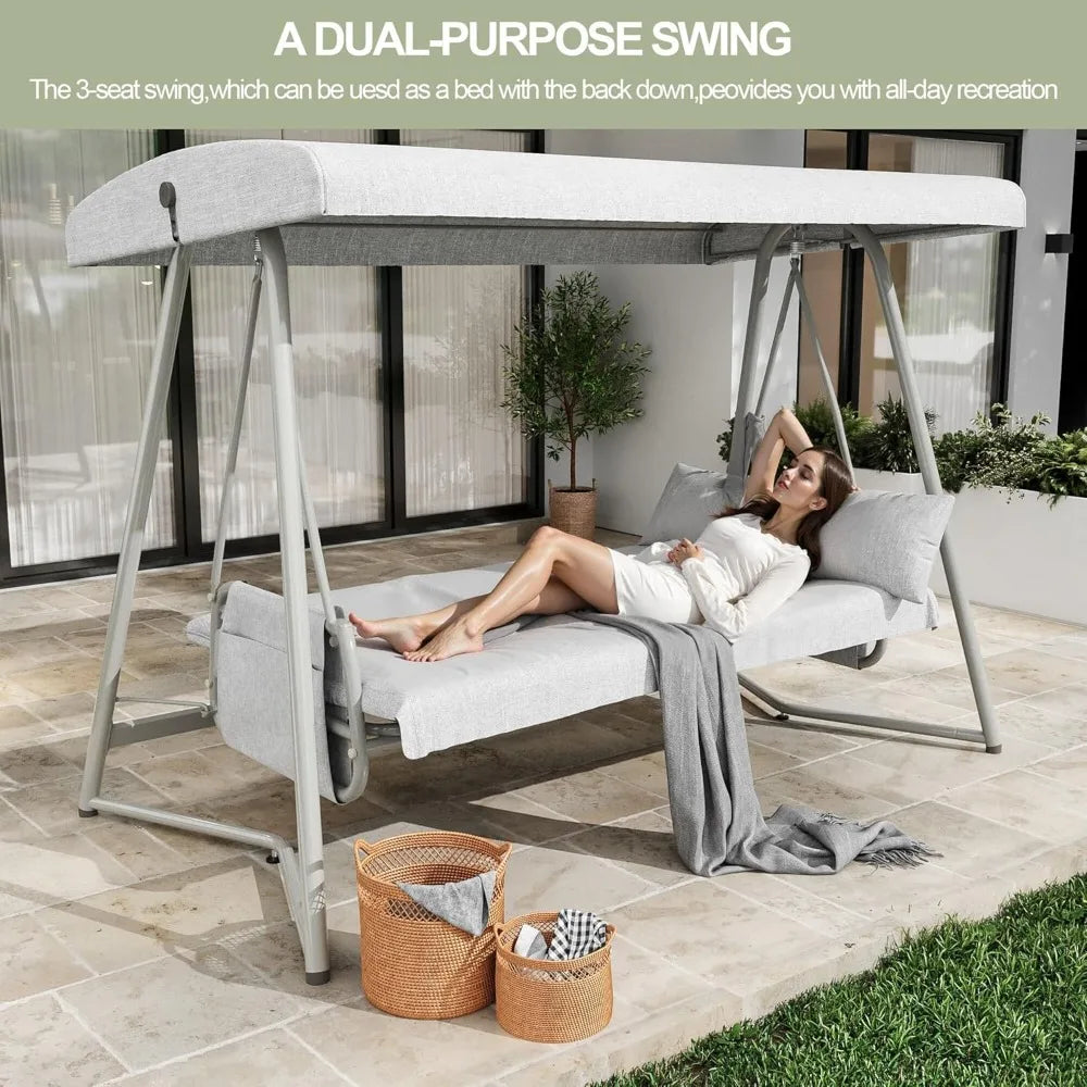 Extra-large Outdoor Porch Swing for 3-4 People, with Adjustable Backrest and Sunshade, 2-in-1 Swing Bed, Customizable