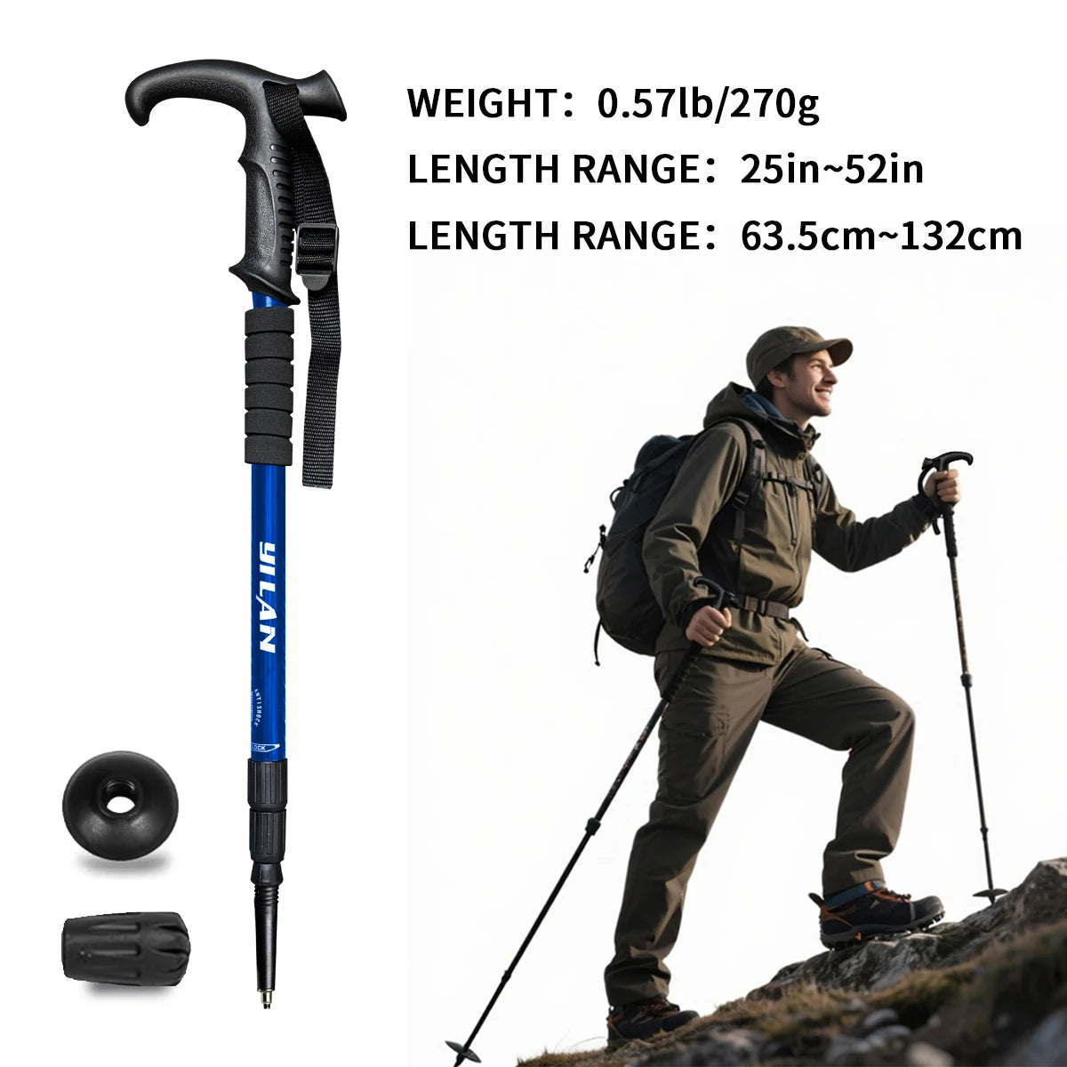 Ultralight hiking poles with shock absorption and quick-locking system, made of aluminum alloy, suitable for outdoor mountaineering, hiking, trekking, backpacking, and camping.