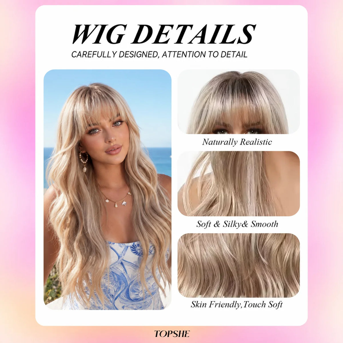 TOPSHE 24 Inch Long Wavy Synthetic Wig with Bangs Ombre Ash Blonde Highlight Dark Root Heat Resistant Fiber Hair Wigs for Women Girls Halloween Costume Party Daily Cosplay Natural Realistic Soft Silky Full Wig