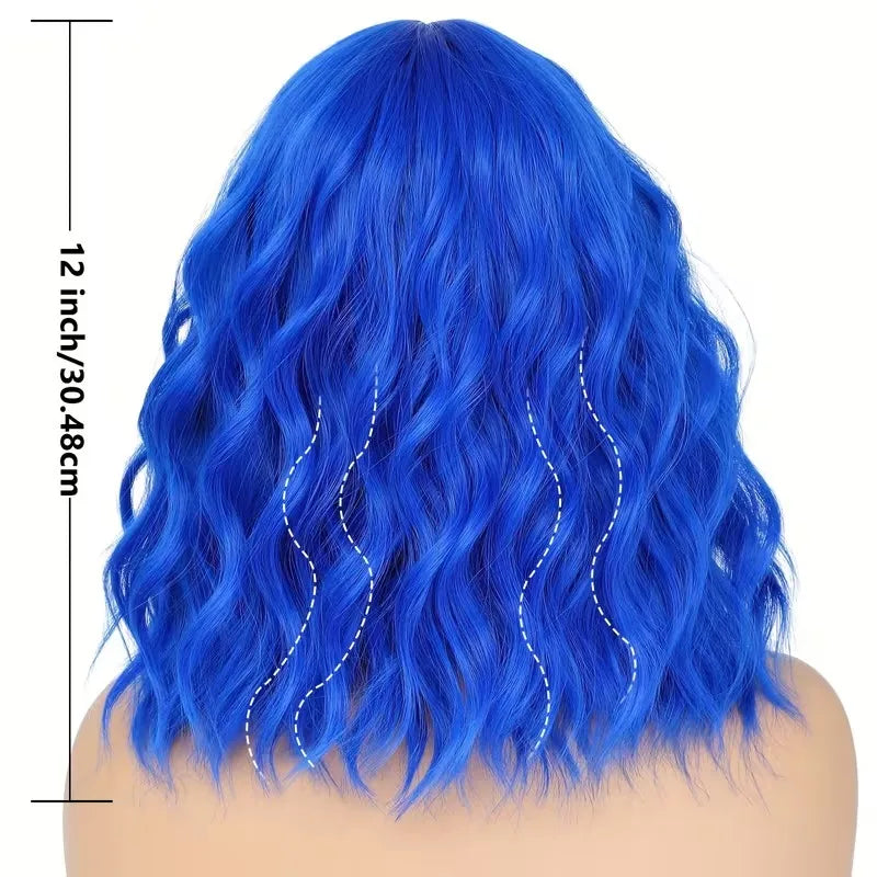 Bob Wig With Bangs 12 Inch Short Wavy Bob Wig Synthetic Blue Orange Pink Yellow Purple Red Wigs For Women Cosplay Halloween Kpop Daily Use