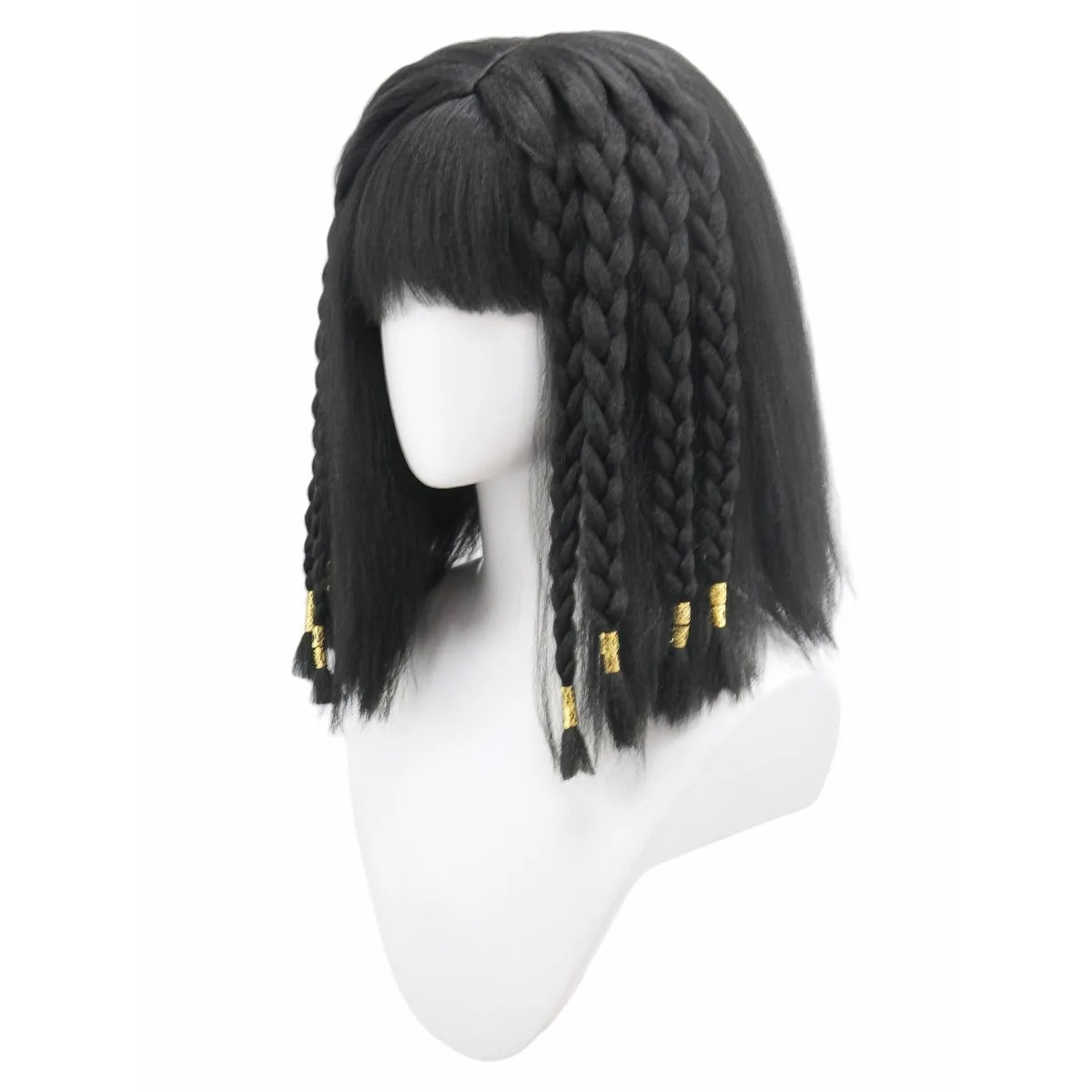 Black Braided Bob Wig Synthetic Short Bangs Gold Beads African Egyptian Queen Costume Wig Halloween Cosplay Party Carnival