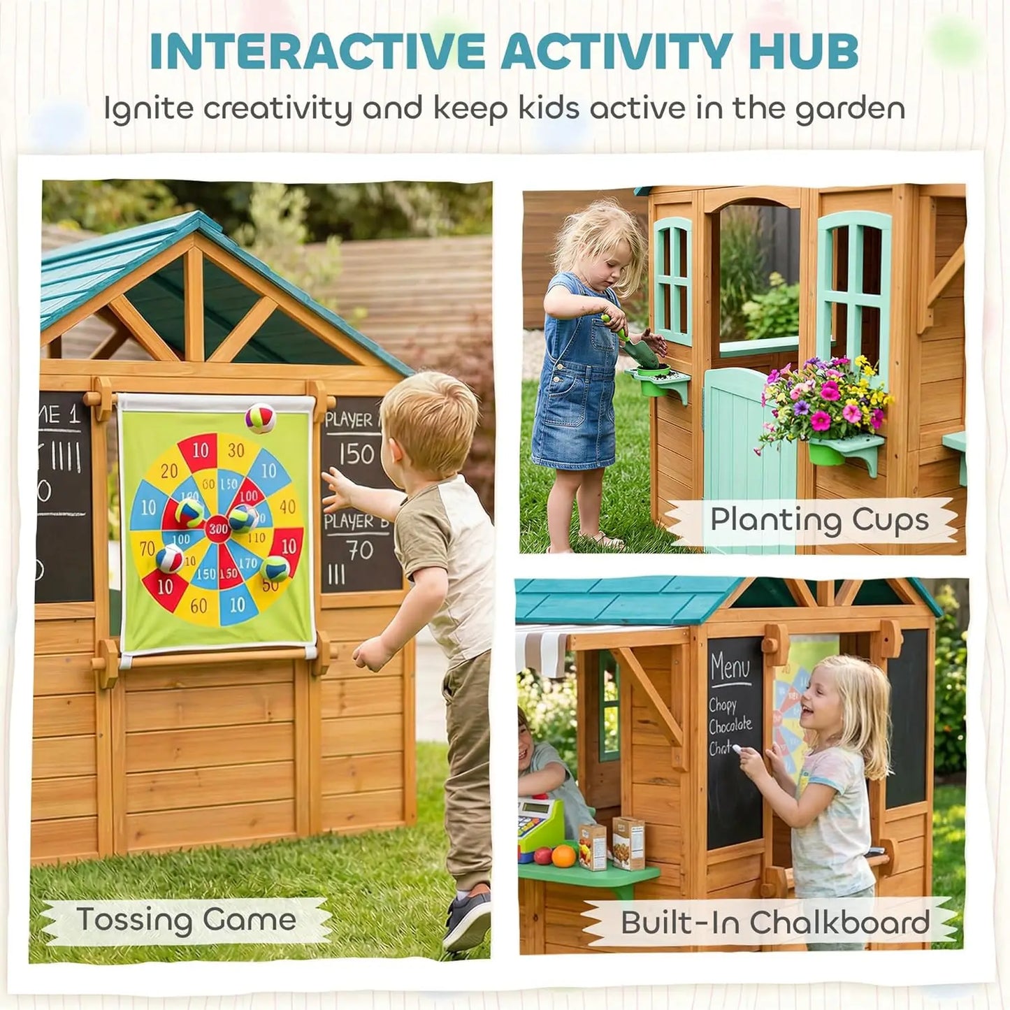 Wood Kids Playhouse Snack Bar Half Door Windows Flowerpot Chalkboard Tossing Game Backyard Age 3-6, Custom