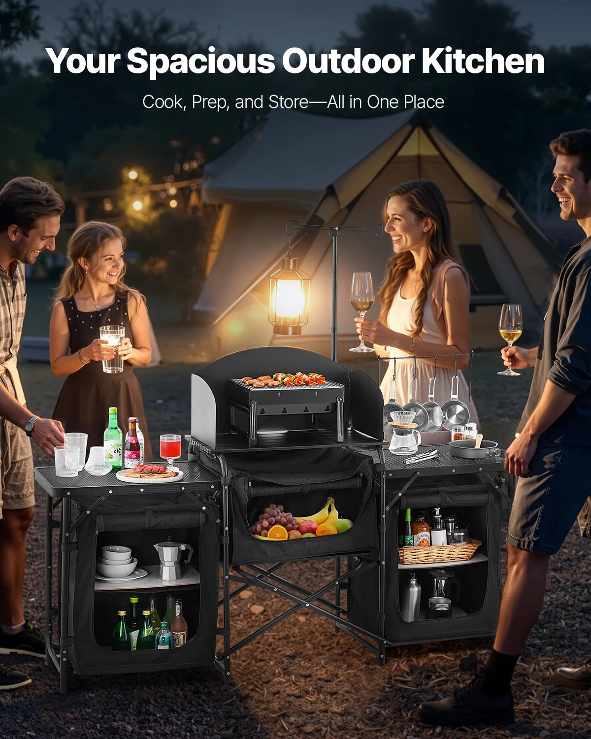 SucceBuy Camping Kitchen Table Aluminum Portable Cook Station with 3 Storage Cupboard Carrying Bag Quick Set-up for BBQ Picnic