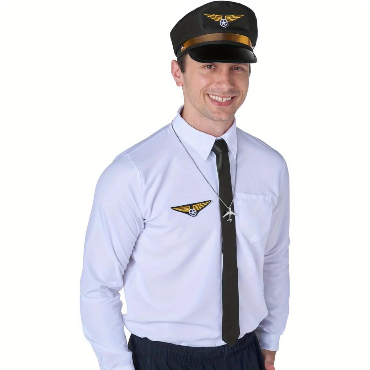 Creations Airline Pilot Captain Costume Kit 5 PCS Pilot Dress up Accessory Set with Sunglasses Tie Piot Hat Wings Patch and Necklace for Halloween Themed Dress Up Party