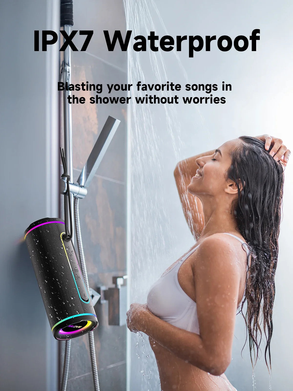 MLOVE E80 Portable Bluetooth Speaker – Powerful Dual Sound, Colorful RGB Lighting, Fully Waterproof (IPX7), TWS Enabled