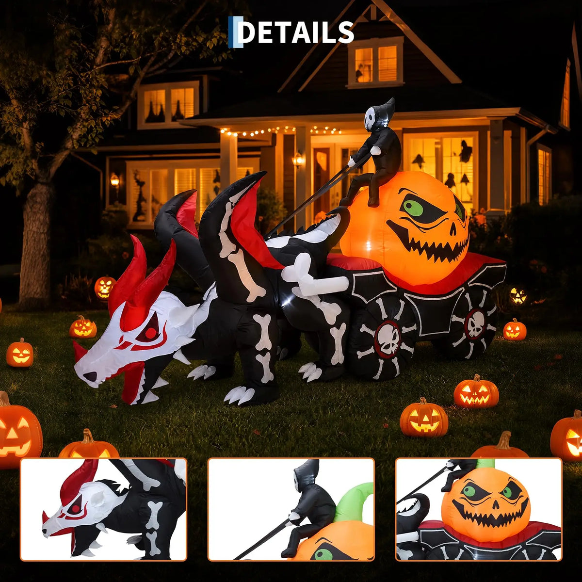 12ft Grim Reaper Dragon Carriage Halloween Inflatable With 3 Led Lights, Outdoor Yard Decoration For Lawn Porch Garden Party Display