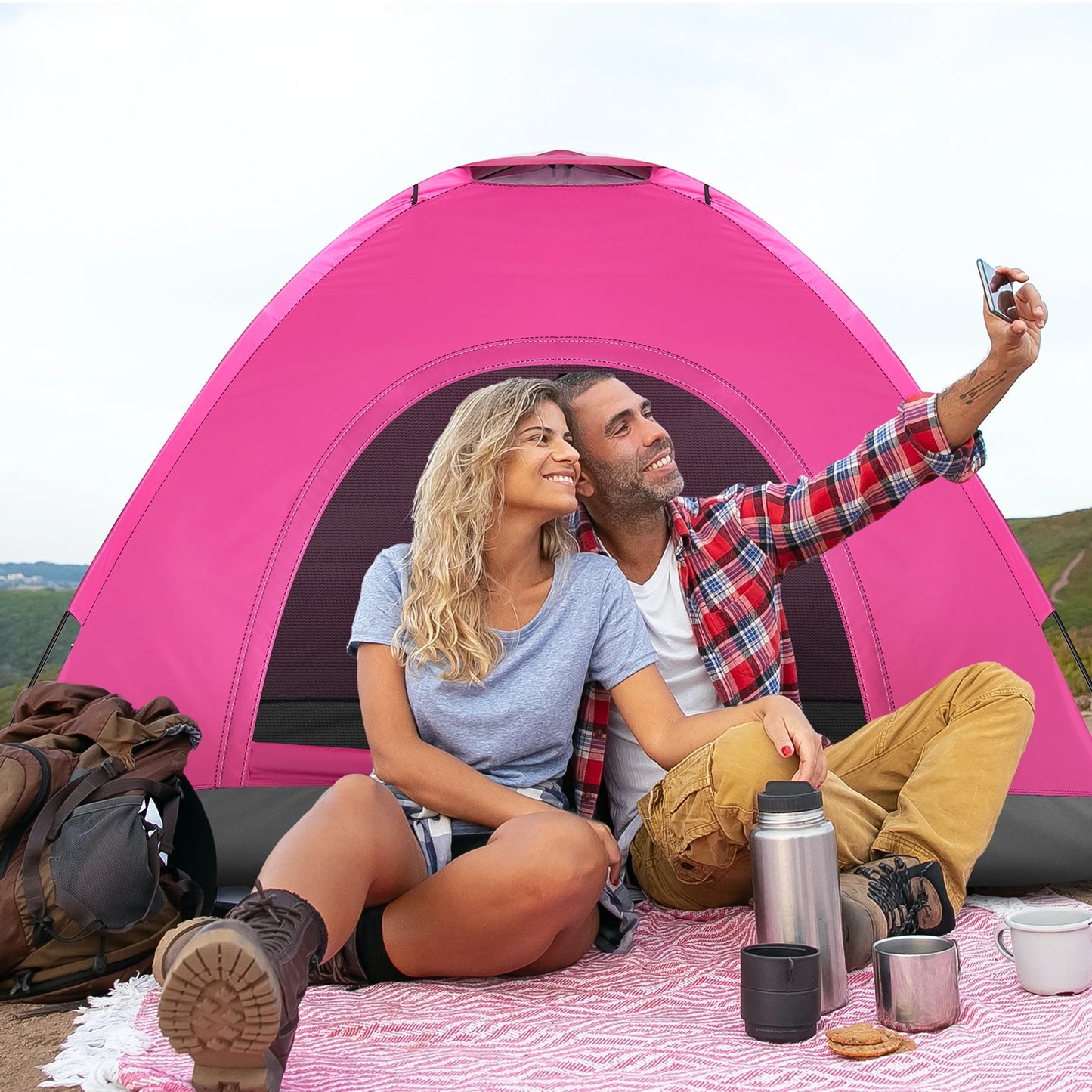 3 4 Person Camping Dome Tent Waterproof UV Proof 180T Silver Coated Polyester Fiberglass Poles Portable Bag Outdoor Pink